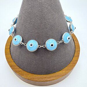 Sterling Silver 925 Artisan Glass Blue Evil Eye Chain Bracelet Size 7.5" Length